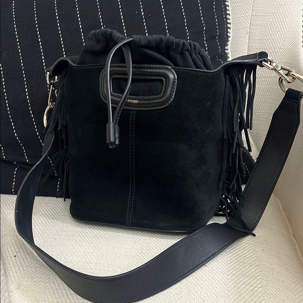 Maje Black Fringe Bucket Bag suede